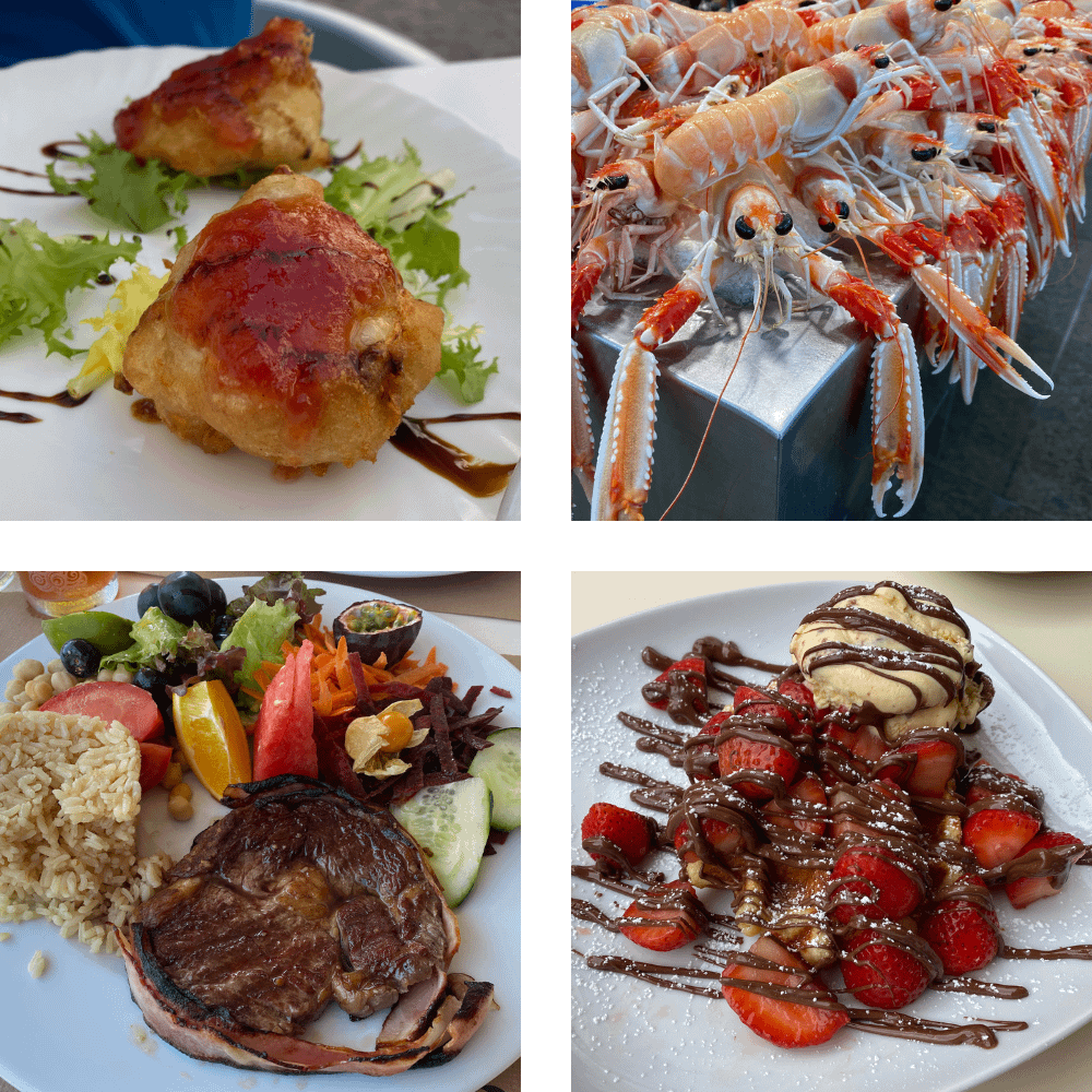 Food from around Europe, goats cheese fritters, langoustines seen in a fish market, steak with rice and a colourful salad, chocolate crepe with fresh strawberries, ice cream with chocolate sauce drizzled over