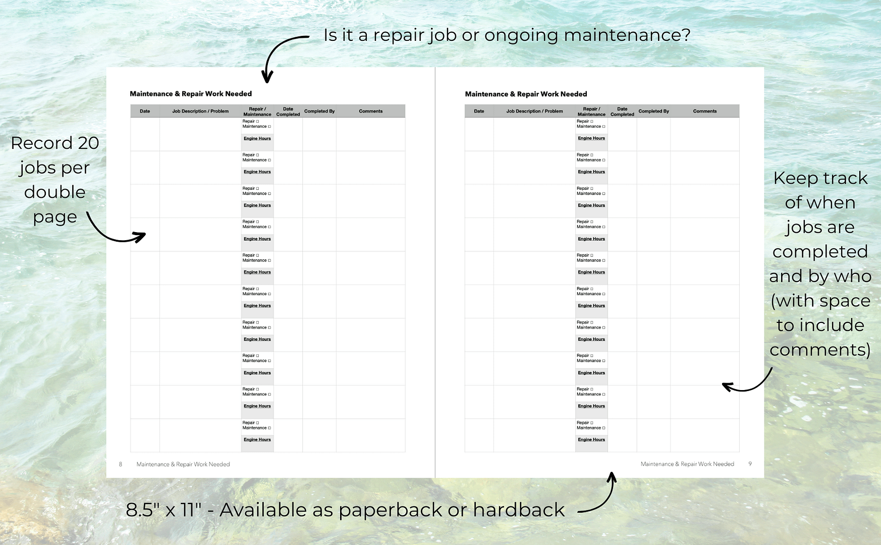 Boat Maintenance Log Book - Inside pages explained