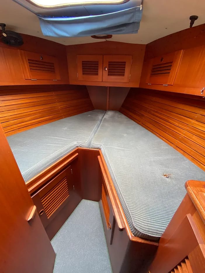 The v-berth in the forward cabin. So much storage space in here The v-berth in the forward cabin. So much storage space in here